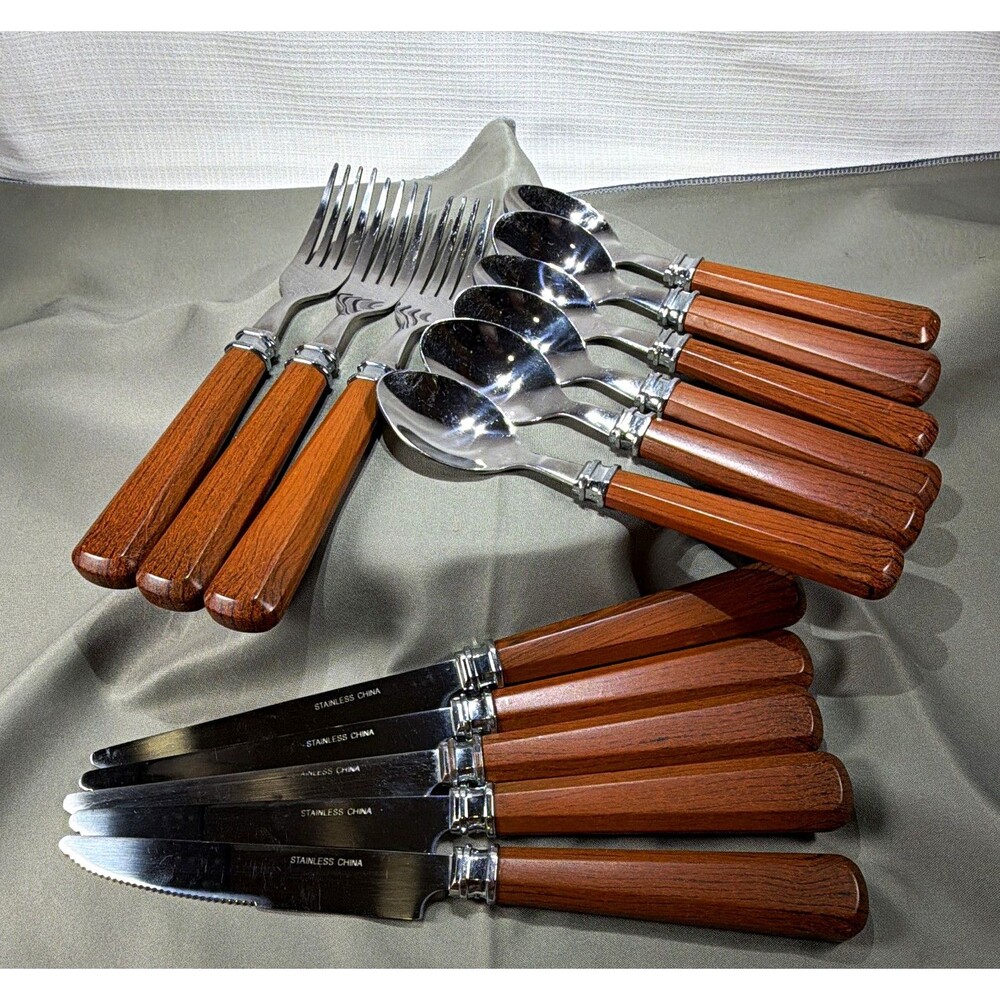 Vintage Faux Wood Handle Flatware Set Stainless Steel China 14 Pieces